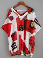 Romwe Double V Neck Color Block Skull Print Blouse