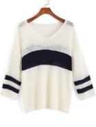 Romwe Blue White V Neck Striped Knit Sweater