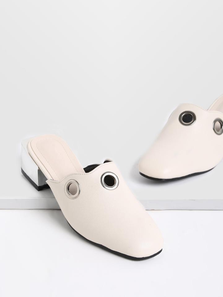 Romwe Beige Eyelet Detail Heeled Slippers