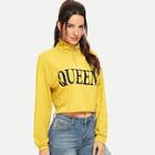 Romwe Letter Print Pull Zip Raw Hem Sweatshirt
