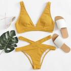 Romwe Ribbed Knit Top With Crisscross Bikini Set