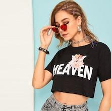 Romwe Figure & Letter Print Crop Tee