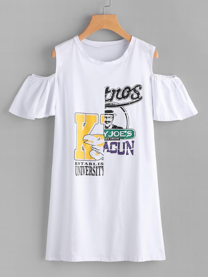 Romwe Open Shoulder Graphic Print Tee Dress