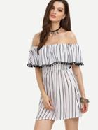 Romwe White Vertical Striped Ruffled Off The Shoulder Dress