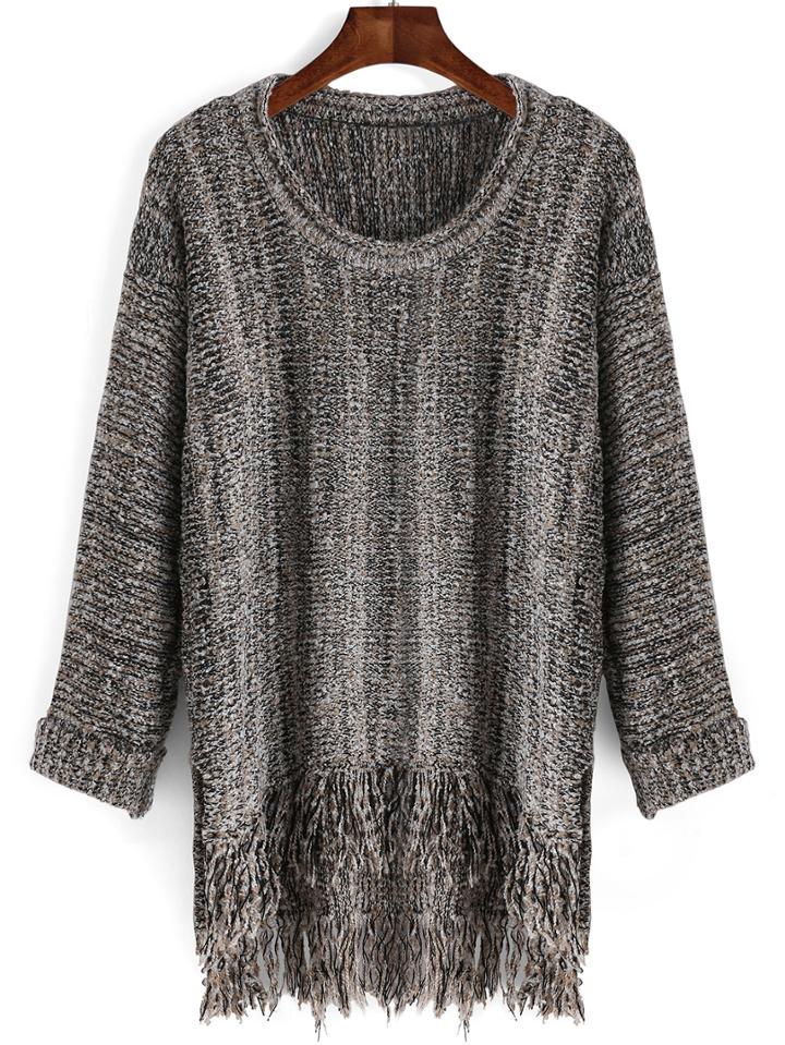 Romwe Women Dip Hem Fringe Sweater