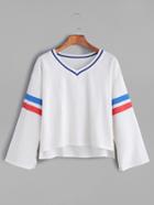 Romwe White V Neck Varsity Striped Dip Hem T-shirt