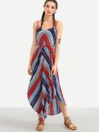 Romwe Multicolor Stripe Print Curved Hem Cami Dress