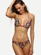 Romwe Multicolor Abstract Print Ruffle Bikini Set
