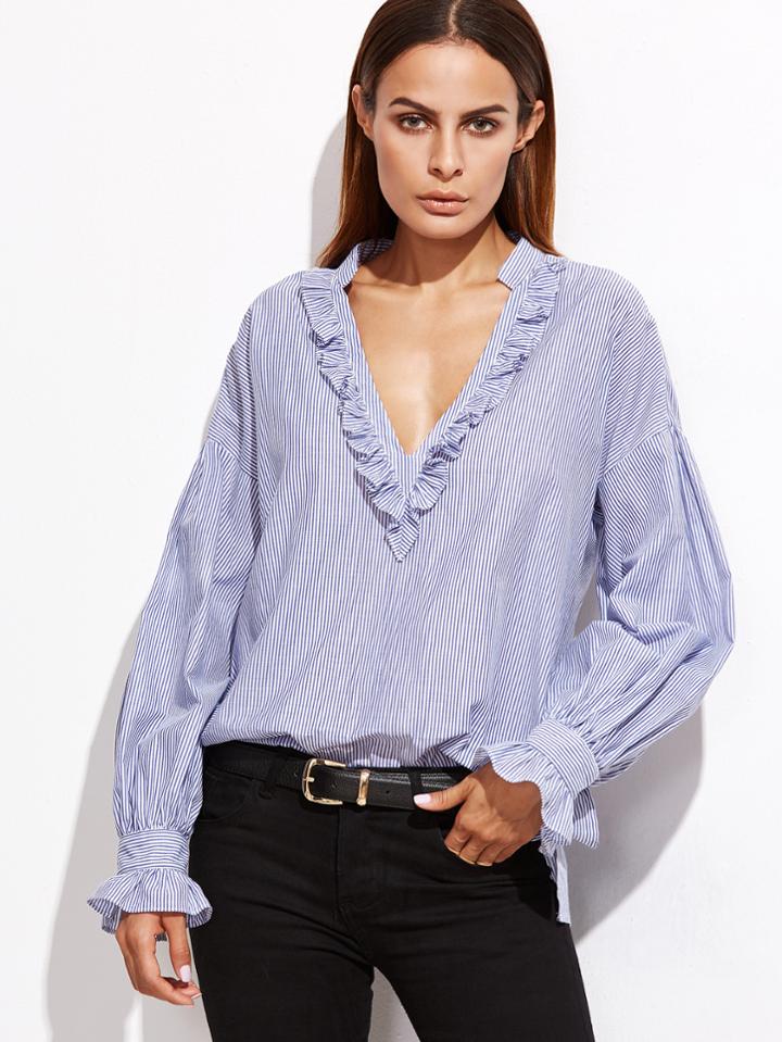 Romwe Blue Vertical Striped Deep V Neck Ruffle Blouse