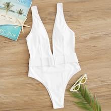 Romwe Double V Neck Belted One Piece Swimsuit