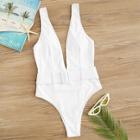 Romwe Double V Neck Belted One Piece Swimsuit