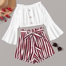 Romwe Button Front Off Shoulder Top With Striped Belted Paperbag Shorts