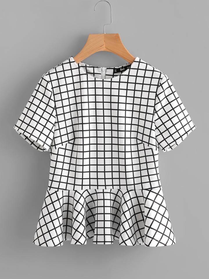 Romwe Flounce Hem Grid Top