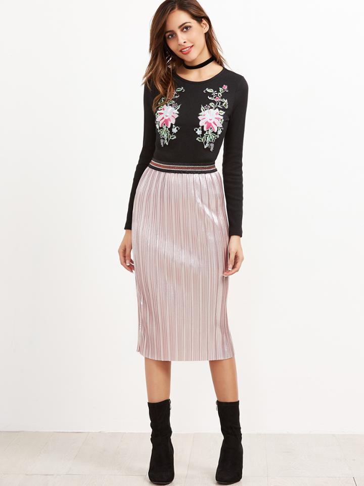 Romwe Pink Contrast Band Waist Straight Skirt