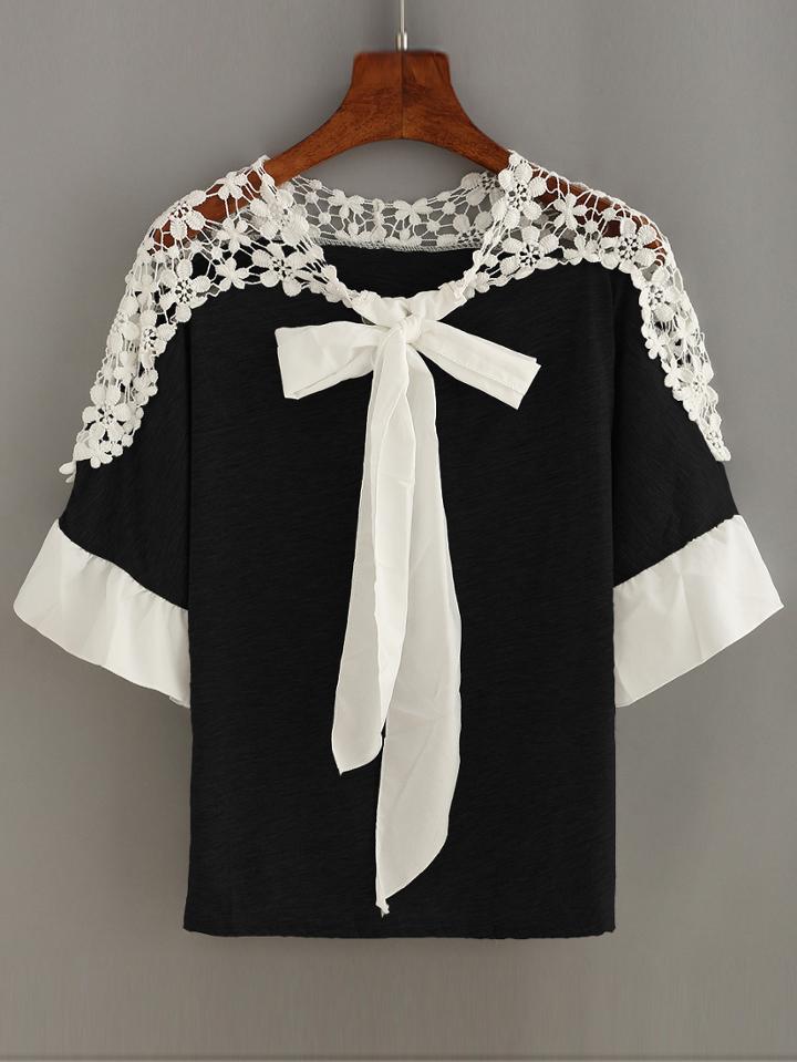 Romwe Lace Insert Tie-neck Ruffled Sleeve Top - Black