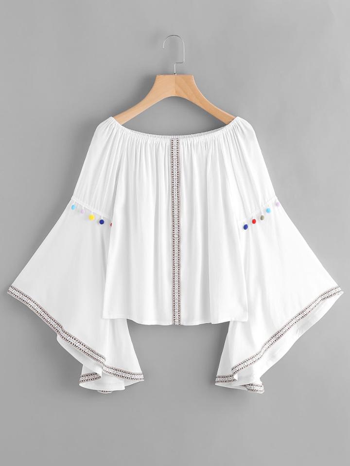 Romwe Embroidered Tape Detail Flare Sleeve Pom Pom Top