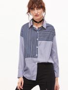 Romwe Contrast Striped Dropped Shoulder Seam Button Blouse
