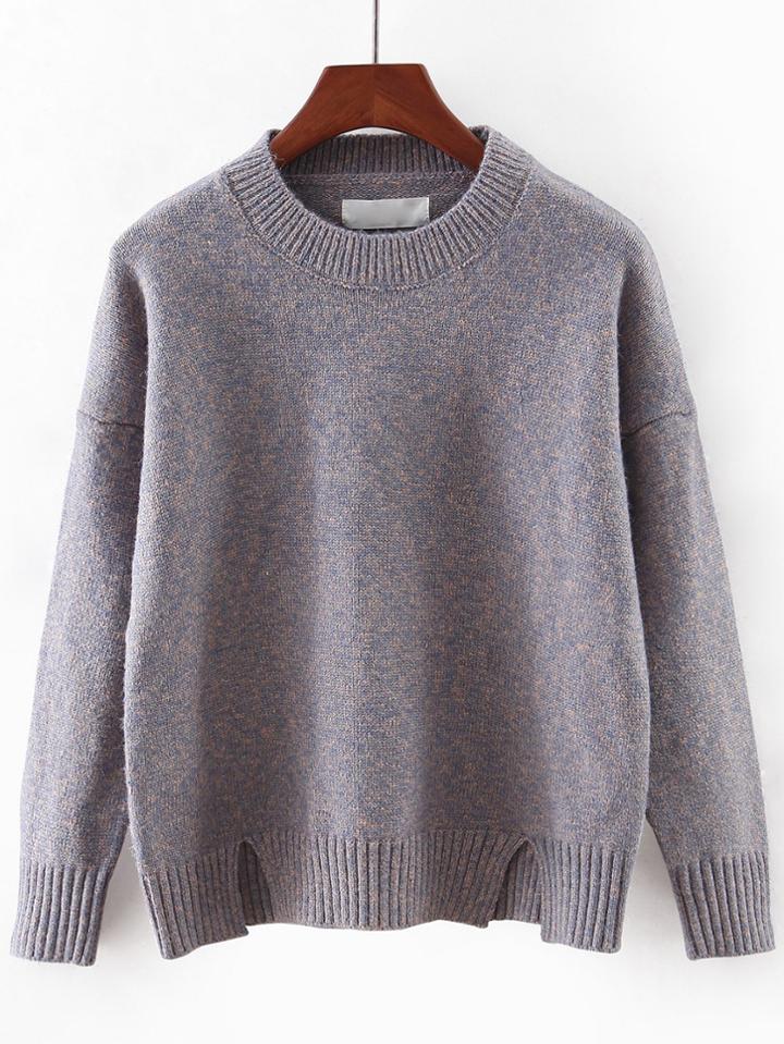 Romwe Grey Round Neck Split Knitwear