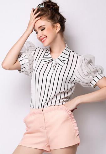 Romwe Lapel Puff Sleeve Vertical Striped Chiffon White Blouse