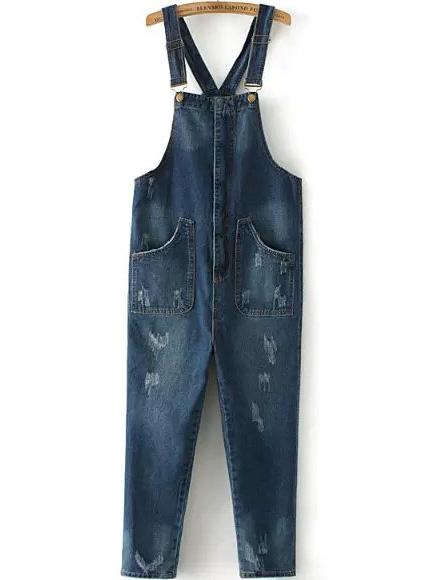 Romwe Strap Pockets Scratch Denim Jumpsuit