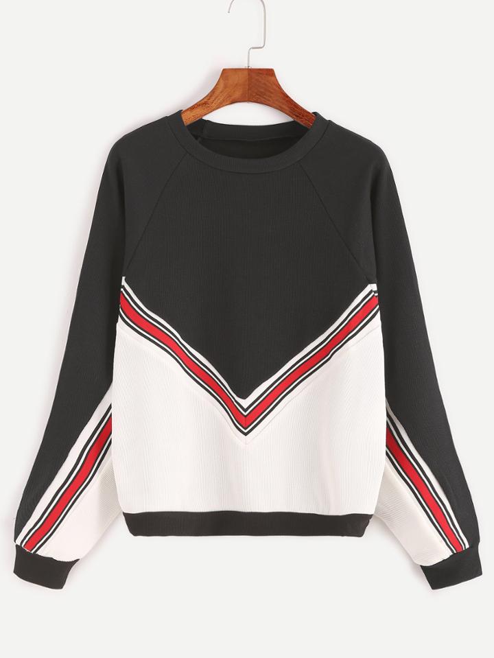 Romwe Contrast Striped Trim Raglan Sleeve Sweatshirt