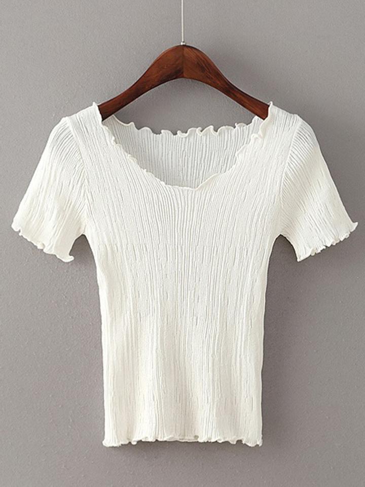 Romwe V-cut Lettuce Edge Trim Tee