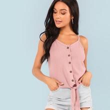 Romwe Button Detail Knot Hem Top