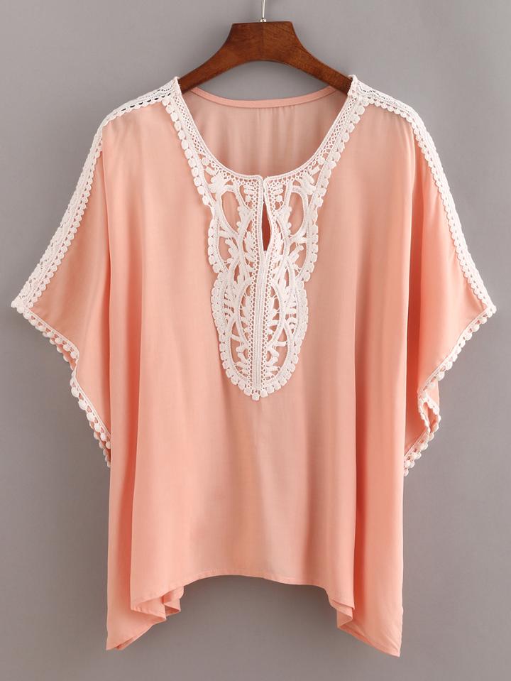 Romwe Pink Contrast Crochet Trimmed Top