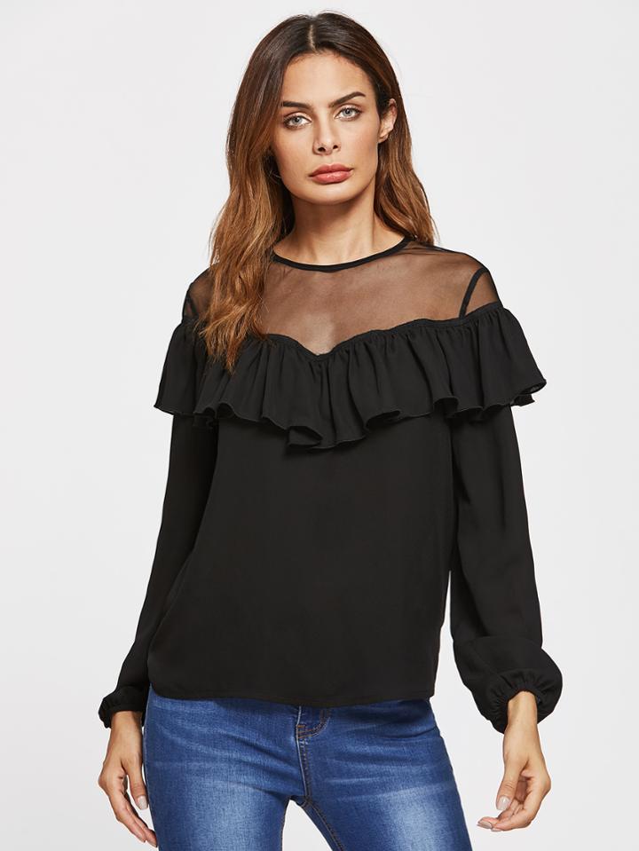 Romwe Mesh Yoke Frill Detail Lantern Sleeve Top