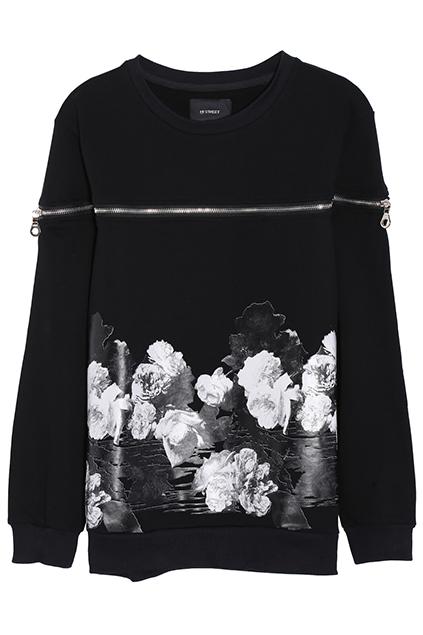 Romwe Flower Print Zippered Sweatshirt