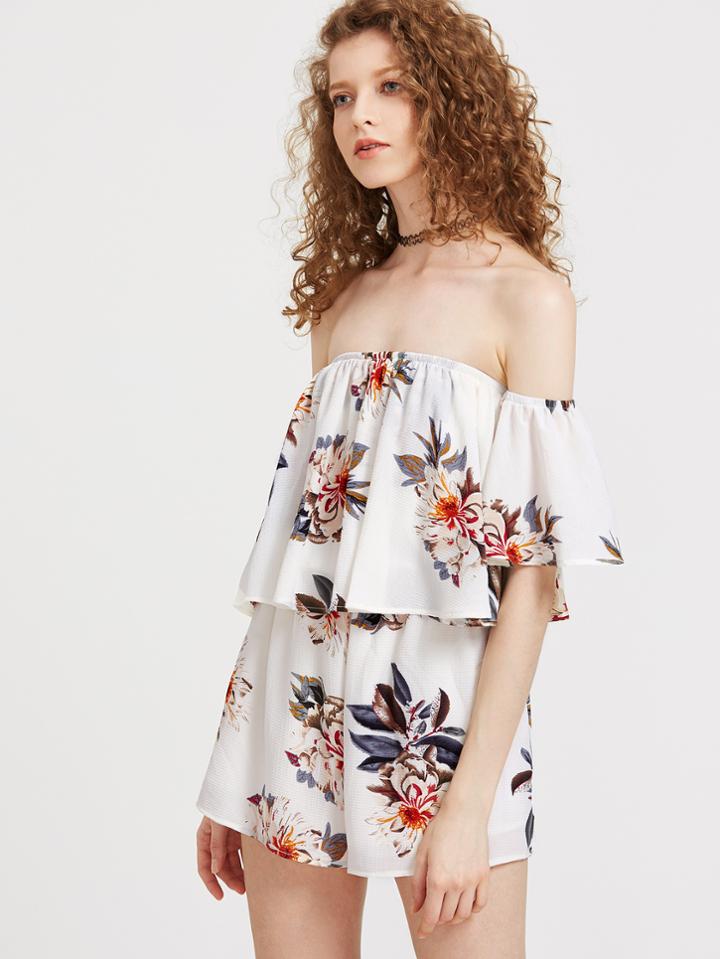 Romwe Flower Print Flounce Layered Neckline Romper