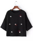 Romwe Cartoon Embroidered Black Sweater