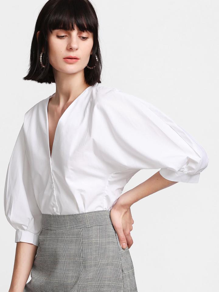 Romwe V Neckline Leg-of-mutton Sleeve  Single Breasted Blouse