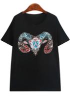 Romwe With Sequined Sheep Pattern Black T-shirt