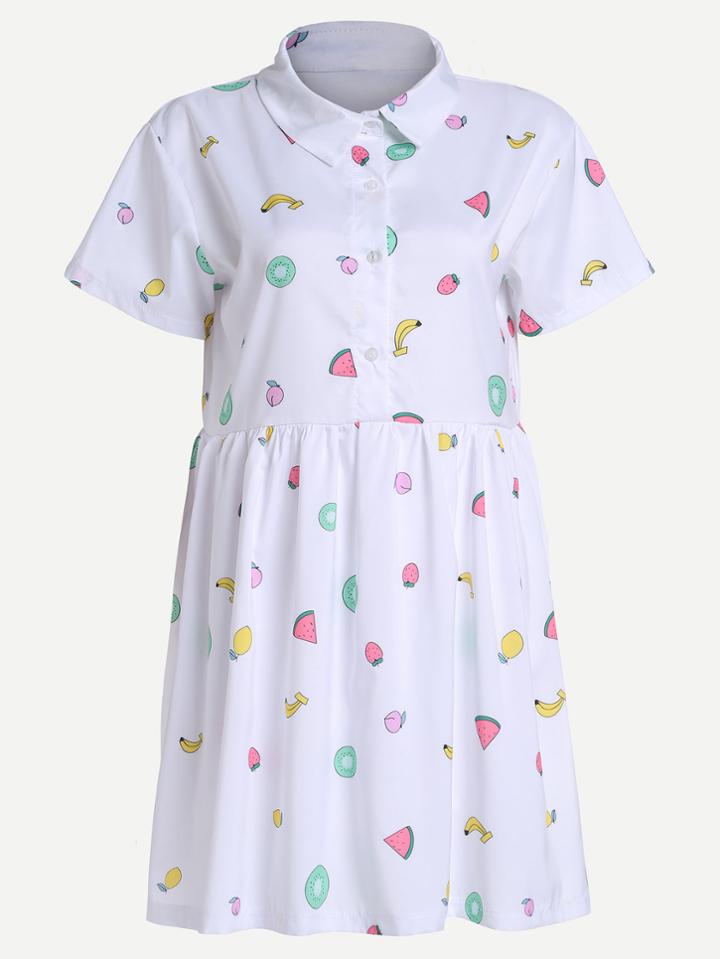 Romwe White Fruit Print High Waist Shirt Dress