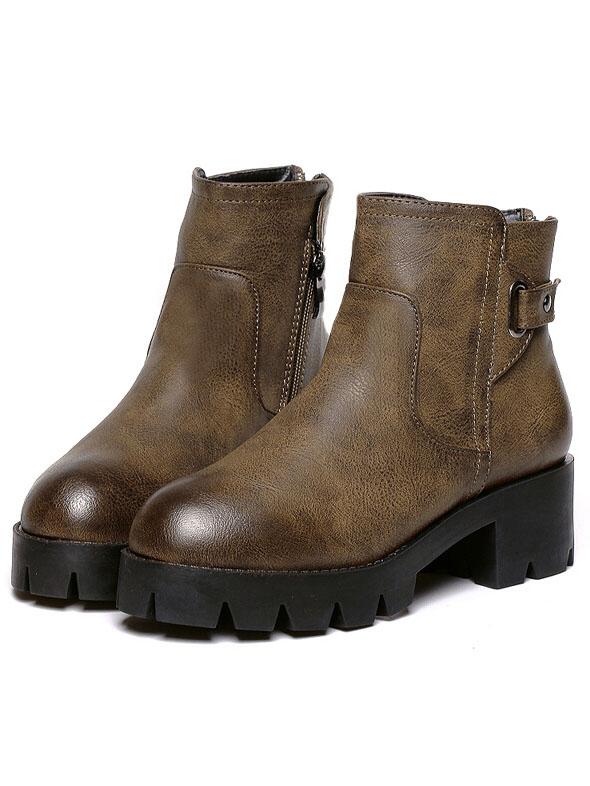 Romwe Brown Round Toe Buckle Strap Pu Boots
