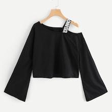 Romwe Cut Out Neck Letter Print Tape Sweatshirt