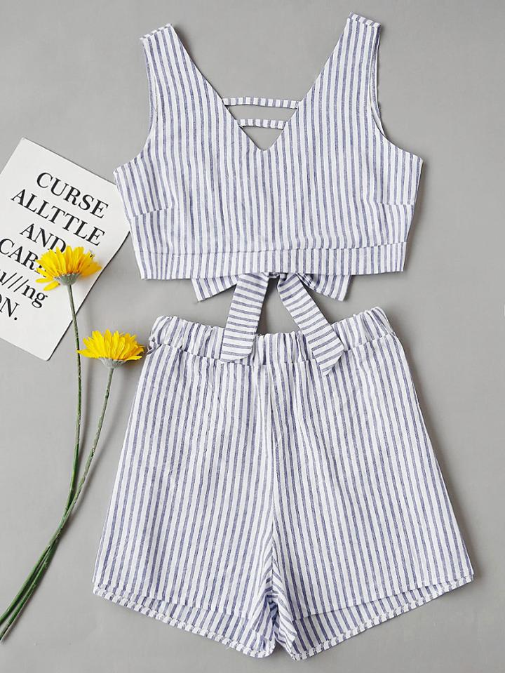 Romwe Vertical Striped Bow Tie V Back Crop Top With Shorts