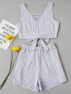 Romwe Vertical Striped Bow Tie V Back Crop Top With Shorts