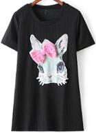 Romwe With Bead Bow Ribbit Pattern Black T-shirt