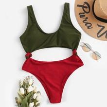 Romwe Two Tone Cut-out Scoop Neck One Piece Swimwear
