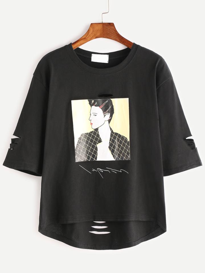 Romwe Black Portrait Print High Low Ripped T-shirt
