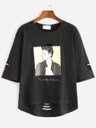 Romwe Black Portrait Print High Low Ripped T-shirt