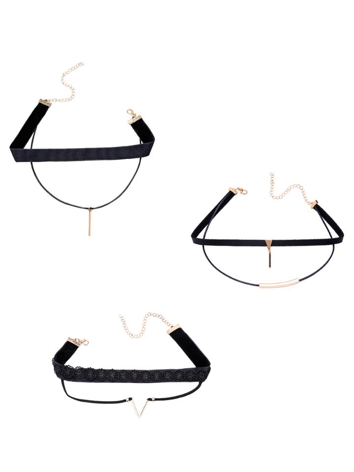 Romwe Black Layered Metal Trim Choker Necklace Set