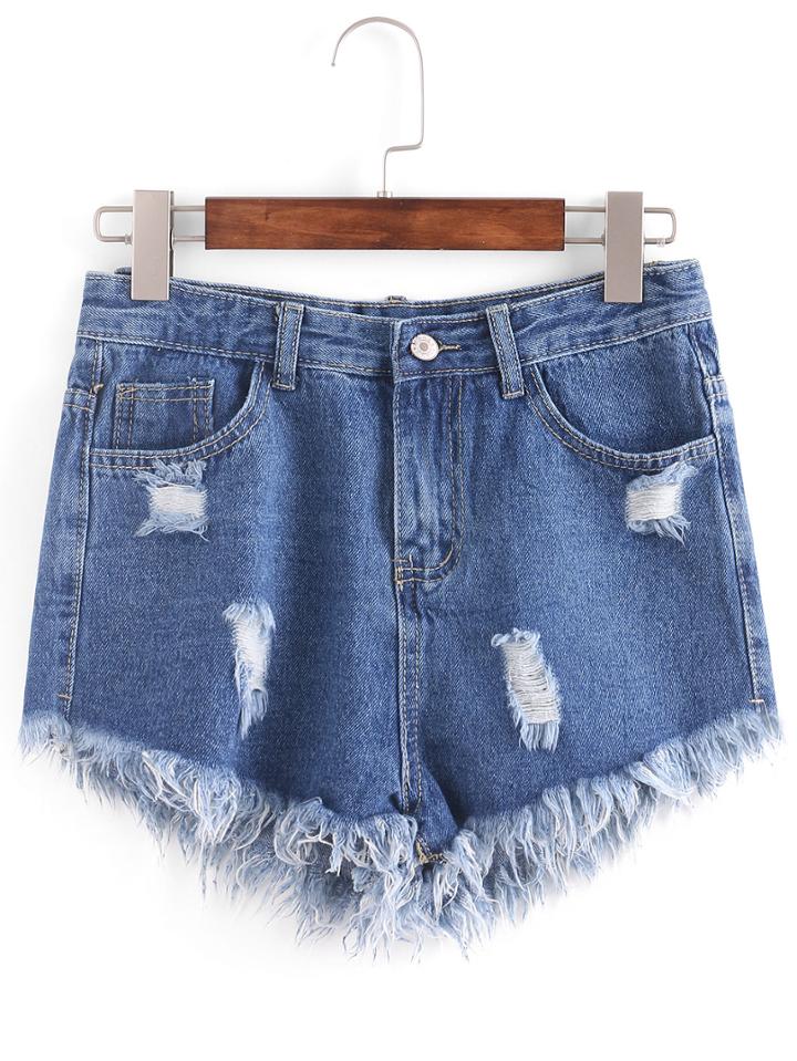 Romwe Distresed Raw Hem Denim Shorts - Blue