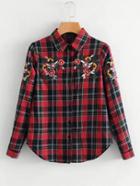 Romwe Embroidered Flower Curved Hem Plaid Blouse