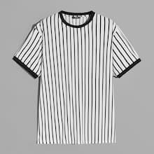 Romwe Guys Two Tone Striped Ringer Top