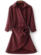 Romwe Red Plaid Asymmetrical Shirt Dress With Bow Tie