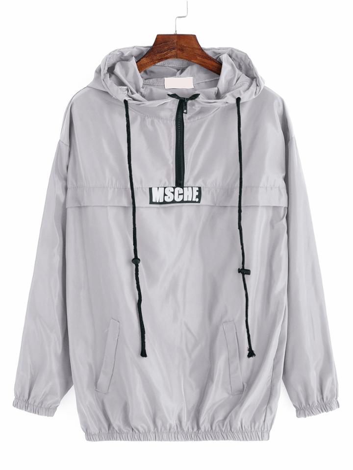 Romwe Grey Print Drawstring Hooded Sweatshirt With Zipper Detail
