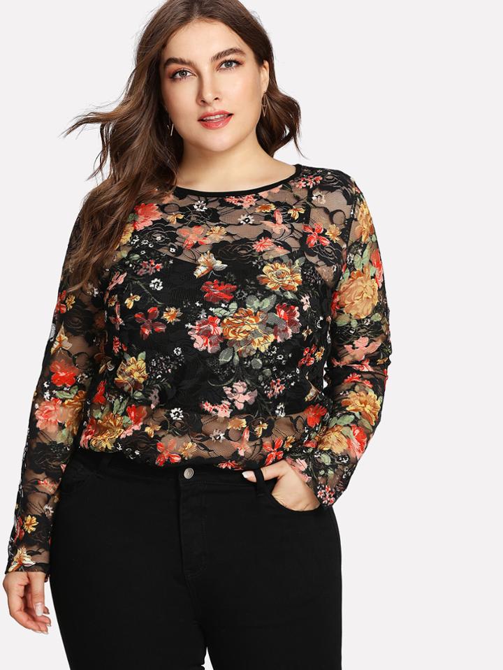 Romwe Colorful Floral Lace Top